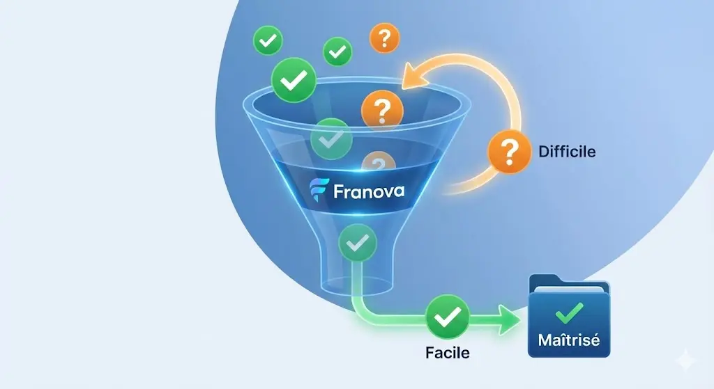 Illustration du fonctionnement de l'algorithme Franova qui trie les questions maîtrisées et focalise les révisions sur les lacunes du candidat.